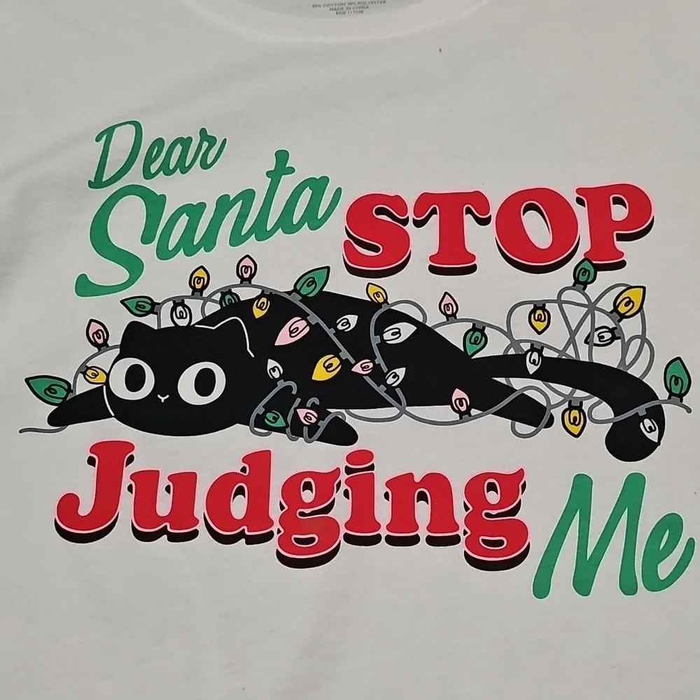 Nwt White Womens 'Dear Santa STOP Judging Me' Graphic Tee #18 - Picture 2 of 3